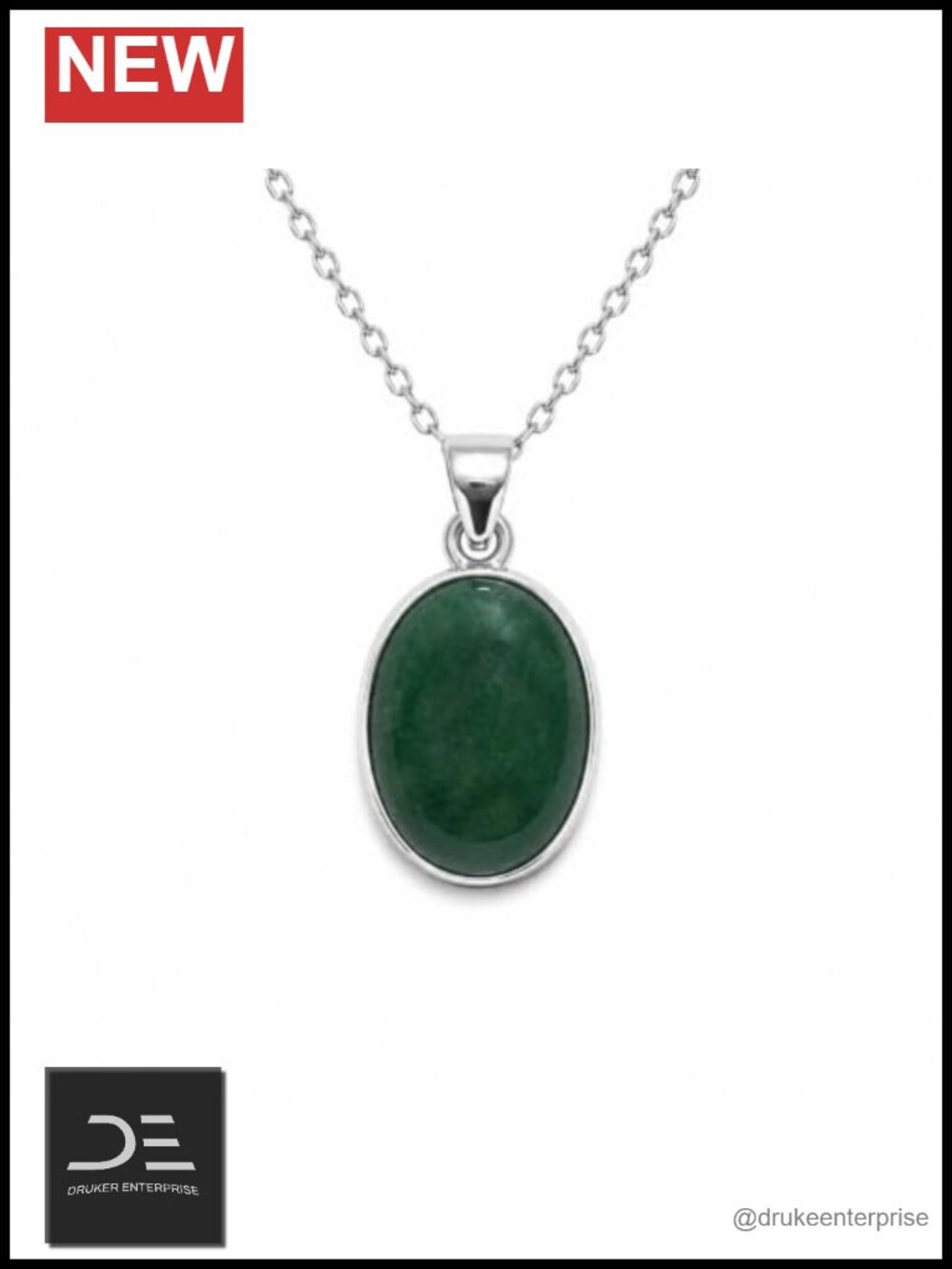 Sterling Silver 925 Green Aventurine Oval Pendant Necklace Unisex